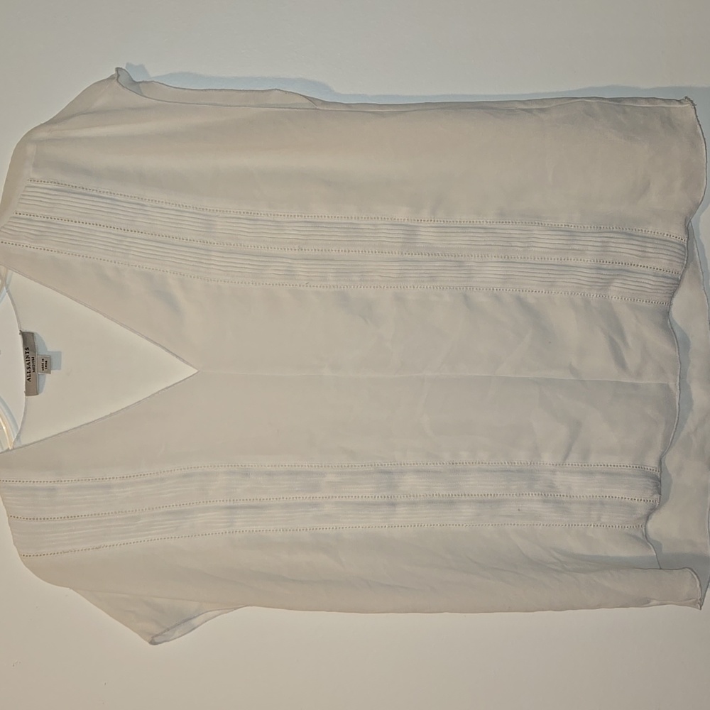 All Saints Ella Sheer White V-Neck Pleat Detailed Sleeveless Flowy Blouse
